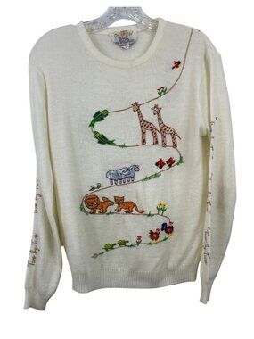 Cyn Les Shirlee Sweater Embroidered 2 By 2 Noah's Ark Animals Womens Size L